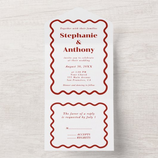 Invitation Tout En Un Retro 1950s Wavy Edge Mariage rouge foncé (À l'intérieur)