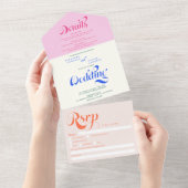 Invitation Tout En Un Retro boho bleu rose élégant script mariage chic (Déchirure)