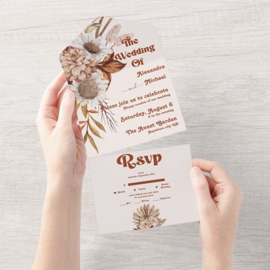 Invitation Tout En Un Retro Boho Terracotta Burnt Orange Mariage (Déchirure)