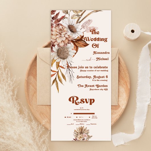 Invitation Tout En Un Retro Boho Terre Cuite Orange Brûlé Mariage