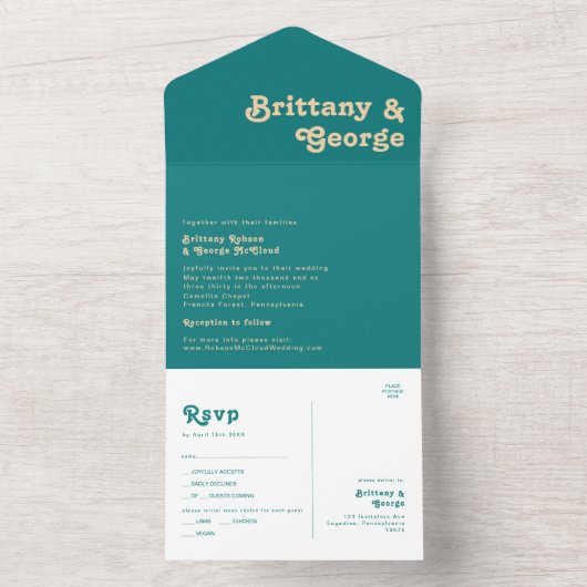 Invitation Tout En Un Rétro moderne | Sceau Turquoise et envoi (À l'intérieur)