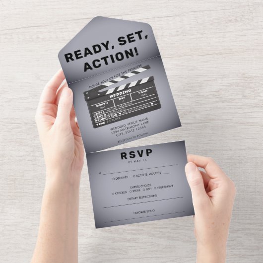 Invitation Tout En Un Retro Movie Film Clap Board Gris Mariage (Déchirure)