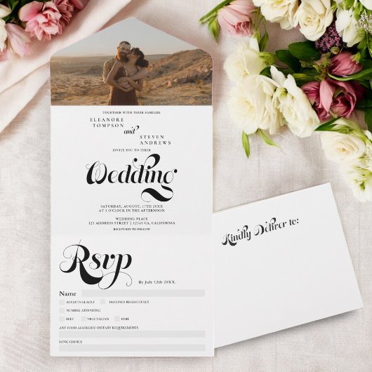 Invitation Tout En Un Retro photo noir blanc script mariage chic