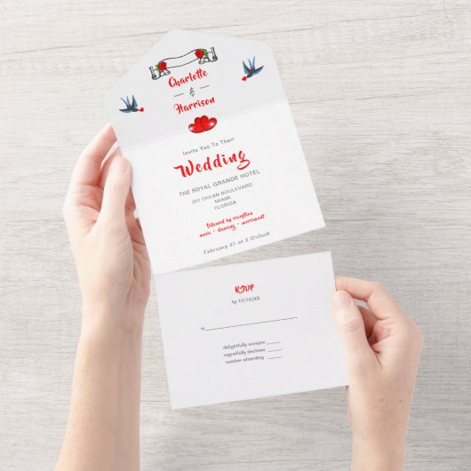 Invitation Tout En Un Retro Rockabilly 1950's Elegant Birds And Hearts (Déchirure)