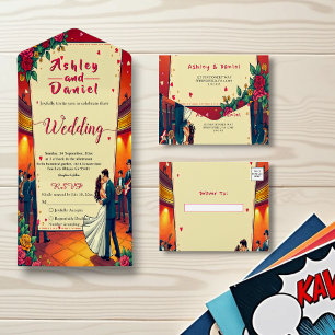 Invitation Tout En Un Retro Romantic Couple Comic Style de livre Mariage