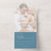 Invitation Tout En Un Revêtement photo moderne Mariage bleu Cobalt (À l'intérieur)