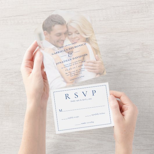 Invitation Tout En Un Revêtement photo moderne Mariage RSVP Bleu (Déchirure)