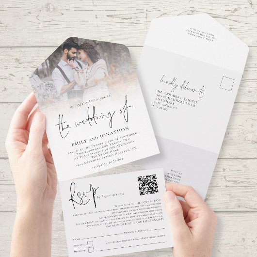 Invitation Tout En Un Revêtement photo moderne QR Code Script Mariage