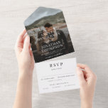 Invitation Tout En Un Romantic Classy Script photo Mariage RSVP<br><div class="desc">Une superposition de type moderne et élégante avec de grands noms et une photo de fond plein sont les caractéristiques de ce tout en un faire-part de mariage avec la carte de réponse déchiré.</div>