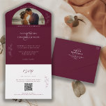 Invitation Tout En Un Romantic Dark & Moody Bourgogne Photo Mariage<br><div class="desc">Un design moderne et romantique tendance d'humeur dans la bordeaux foncé orné de touches botaniques et de script de calligraphie. Suivez le guide ci-dessus pour remplacer les détails personnels du mariage, y compris votre photo préférée. Un faire-part de mariage tout-en-un qui comprend une carte rsvp avec une option pour scanner...</div>