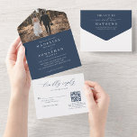 Invitation Tout En Un Romantic Elegant Marine Bleu Photo QR Code Mariage<br><div class="desc">Faire-part de mariage moderne simple et élégant photo qr code.</div>