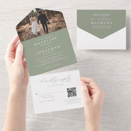 Invitation Tout En Un Romantic Elegant Sage Green Photo QR Code Mariage