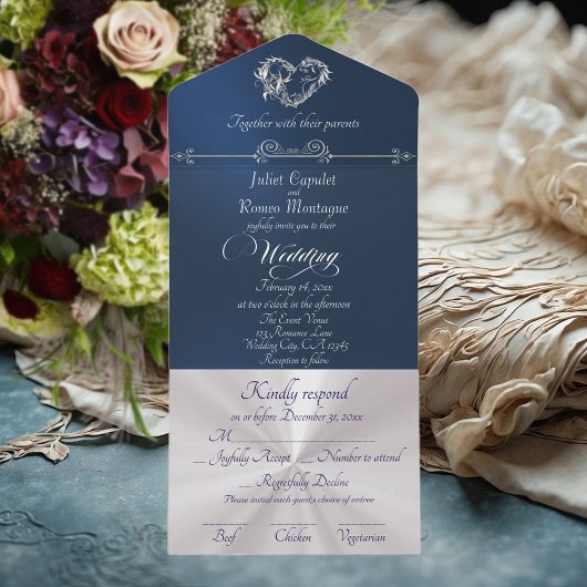 Invitation Tout En Un Romantic Heart & Calligraphy - Blue/Silver