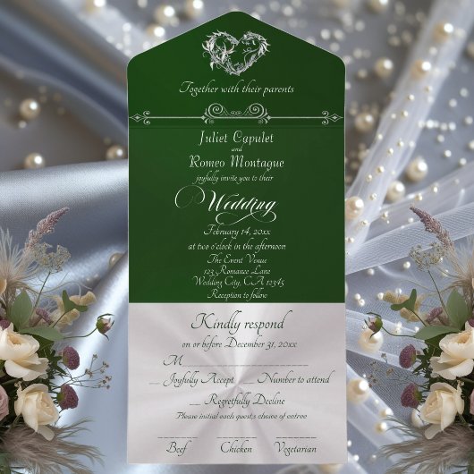 Invitation Tout En Un Romantic Heart & Calligraphy - Emerald/Silver