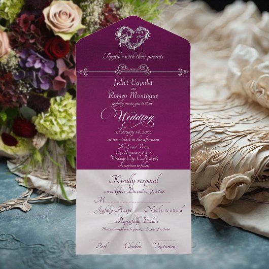 Invitation Tout En Un Romantic Heart & Calligraphy - Purple/Silver