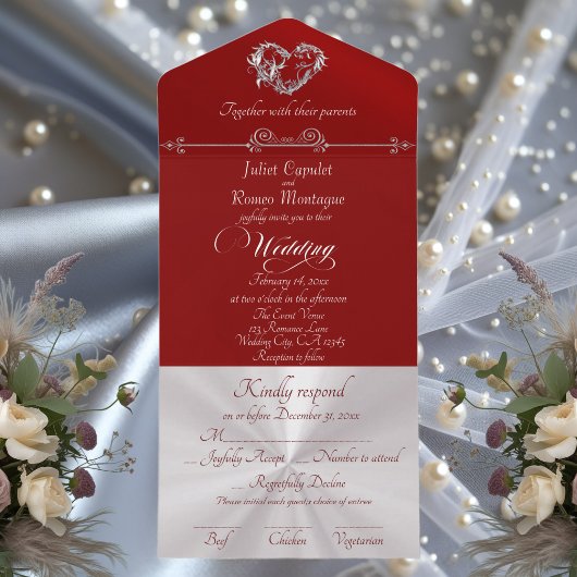 Invitation Tout En Un Romantic Heart & Calligraphy - Red/Silver