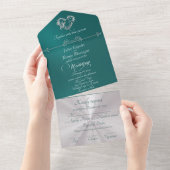 Invitation Tout En Un Romantic Heart & Calligraphy - Teal/Silver (Déchirure)