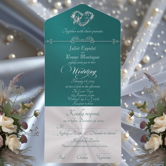 Invitation Tout En Un Romantic Heart & Calligraphy - Teal/Silver