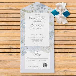 Invitation Tout En Un Romantic Soft Bleu & Blanc Jardin Floral QR Code