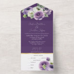 Invitation Tout En Un Romantic Watercolor Ranunculus on Dark Purple<br><div class="desc">Cette faire-part de mariage fleurie romantique présente un design tout-en-un avec une carte R.S.V.P. incluse en bas. L'arrière - plan est une élégante couleur violet foncé avec une aquarelle blanc et des fleurs de ranunculus violet. Une bordure en feuille d'or sépare la partie inférieure de la R.S.V.P. Un délicat bouquet...</div>