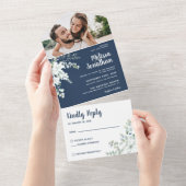 Invitation Tout En Un Romantique blanc fleur douce bleu mariage photo (Déchirure)