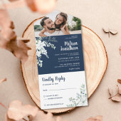 Invitation Tout En Un Romantique blanc fleur douce bleu mariage photo