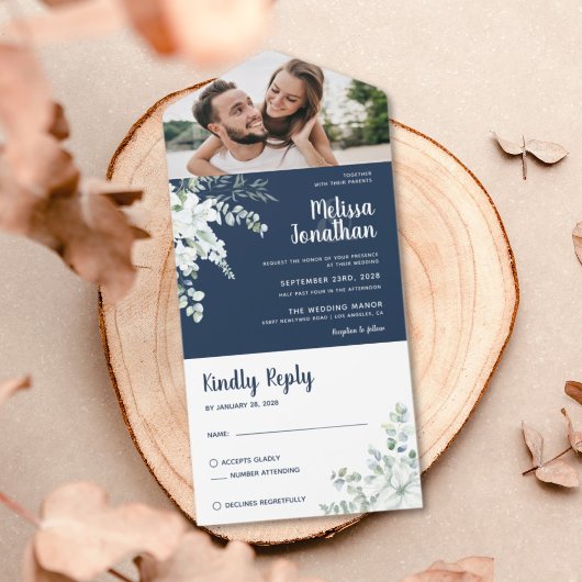 Invitation Tout En Un Romantique blanc fleur douce bleu mariage photo