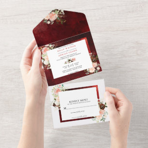 Invitation Tout En Un Romantique bordeaux Blush rose floral Russe Mariag