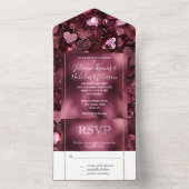 Invitation Tout En Un Romantique Bourgogne Glitzy Hearts Mariage (À l'intérieur)