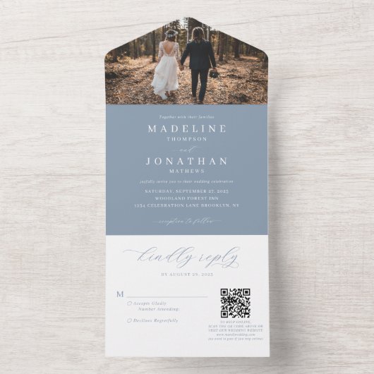 Invitation Tout En Un Romantique Elegant Dusty Blue Photo QR Code Mariag (À l'intérieur)