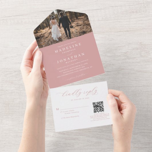 Invitation Tout En Un Romantique Elegant Dusty Pink Photo QR Code Mariag (Déchirure)