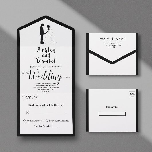 Invitation Tout En Un Romantique Noir et Blanc Classique Mariage