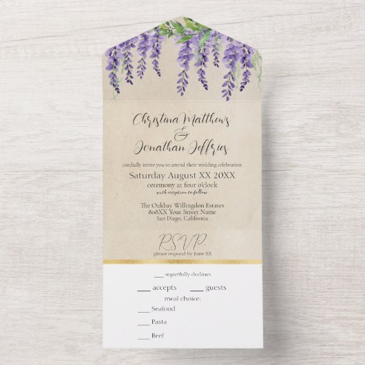 Invitation Tout En Un Romantique Purple Wisteria sur Parchemin rustique (À l'intérieur)