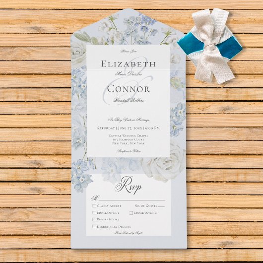 Invitation Tout En Un Romantique Soft Blue & White Jardin Dîner Floral