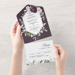 Invitation Tout En Un Romantique violet floral | Mariage verdoyant
