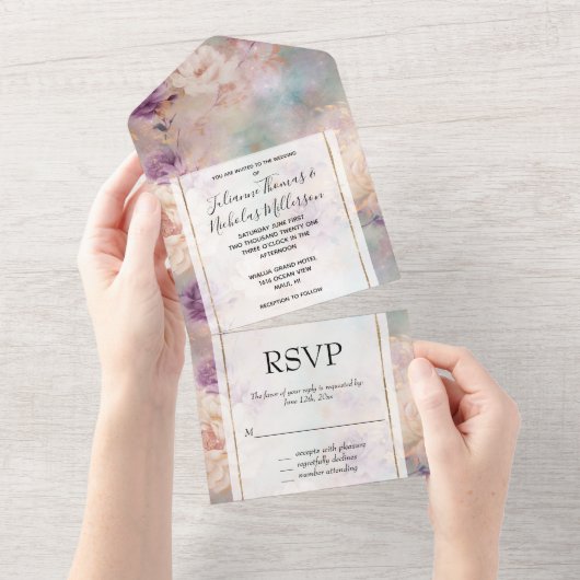 Invitation Tout En Un Romantique violet Turquoise Blush Floral Mariage (Déchirure)