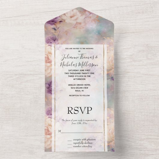 Invitation Tout En Un Romantique violet Turquoise Blush Floral Mariage (À l'intérieur)
