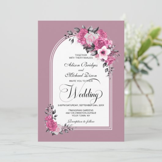 Invitation Tout en un rose Arc Floral Dusty Mariage Rose (Debout devant)