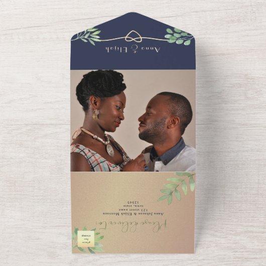 Invitation Tout En Un Rose botanique Mariage photo Gold Navy (Dehors)