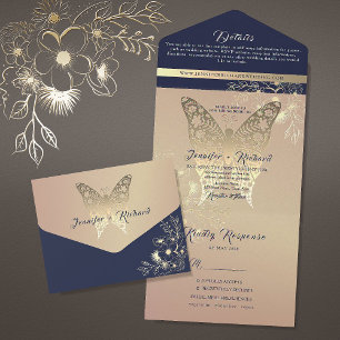 Invitation Tout En Un Rose chic Gold et Mariage bleu marine