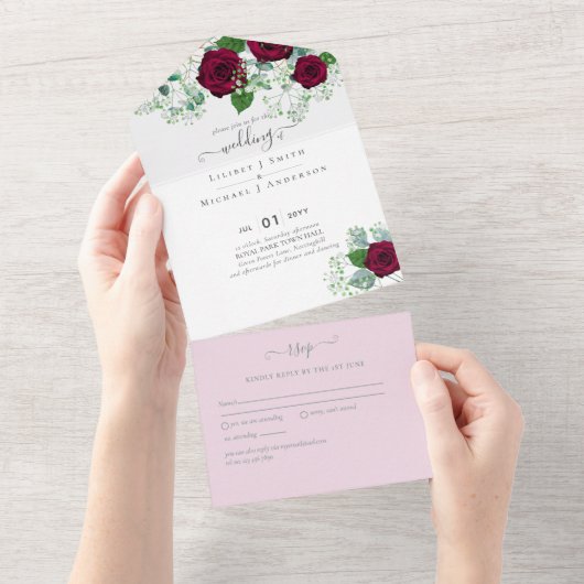 Invitation Tout En Un Rose de Bourgogne Sage Eucalyptus Mariage (Déchirure)