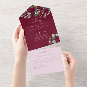 Invitation Tout En Un Rose de Bourgogne Sage Eucalyptus Mariage