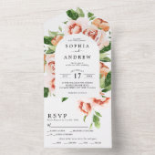 Invitation Tout En Un Rose de corail et Feuille Mariage  (À l'intérieur)