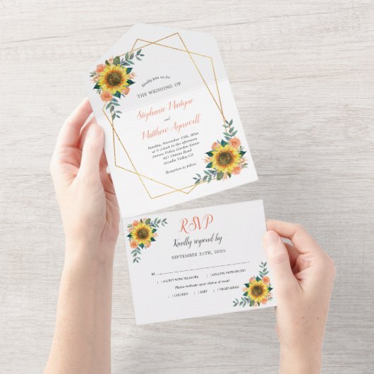 Invitation Tout En Un Rose de pêche de tournesol géométrique Mariage mod (Déchirure)