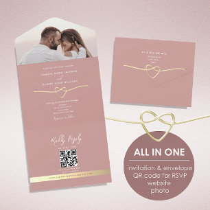 Invitation Tout En Un Rose Dorée Poussiéreuse Coeur Photo Mariage
