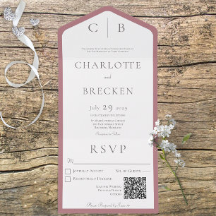Invitation Tout En Un Rose Dusty et monogramme blanc Code QR minimal