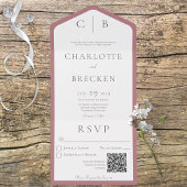 Invitation Tout En Un Rose Dusty et monogramme blanc Code QR minimal
