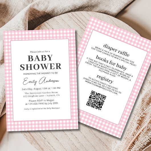 Invitation Tout en un rose En vichy bébé fille Douche