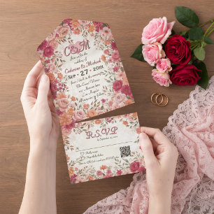 Invitation Tout En Un Rose et rouge, florale romantique de printemps, co