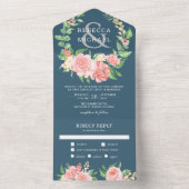 Invitation Tout En Un Rose floral rose pâle Garland Mariage bleu foncé (À l'intérieur)